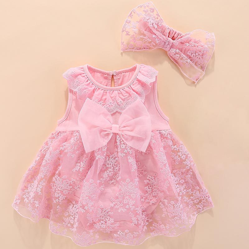 Pink Big Bow Short Sleeve Hairstyle Dress